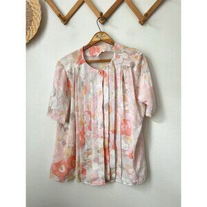 80s pastel floral pleat front short sleeve button blouse‎ polyester L